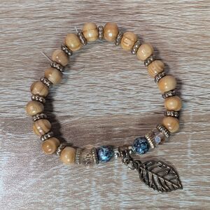 Boho Wood Bead Stretch Bracelet Leaf Charm Natural Rustic Earthy Jewelry